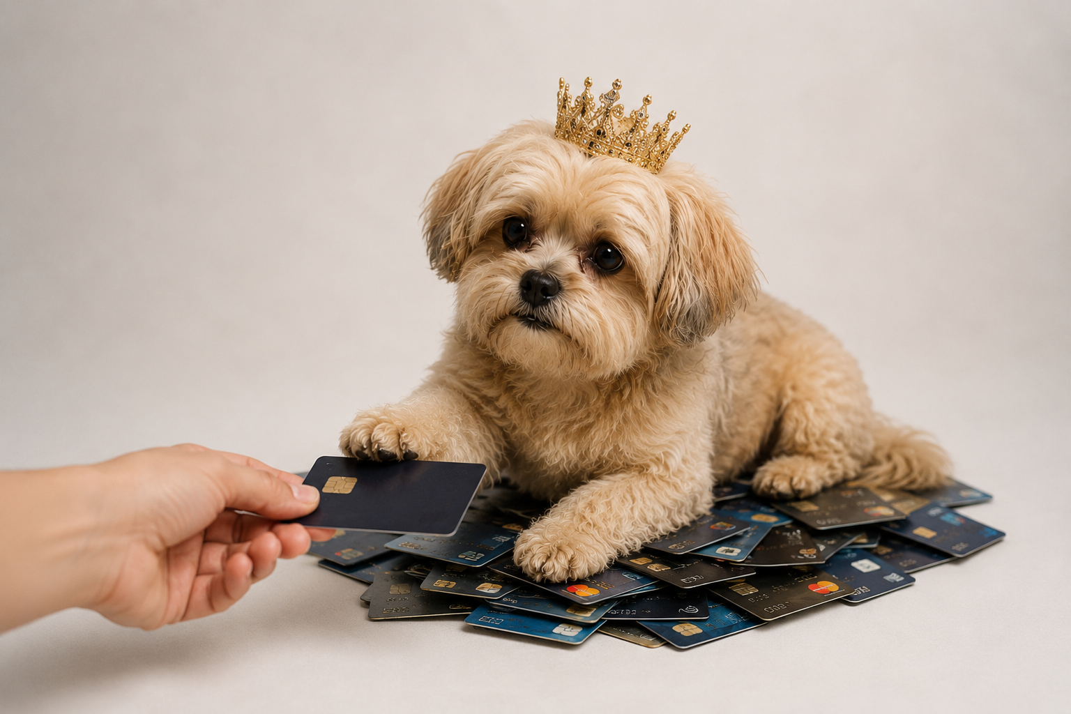 A hand offering a card to a crowned dog resting on a stack of cards