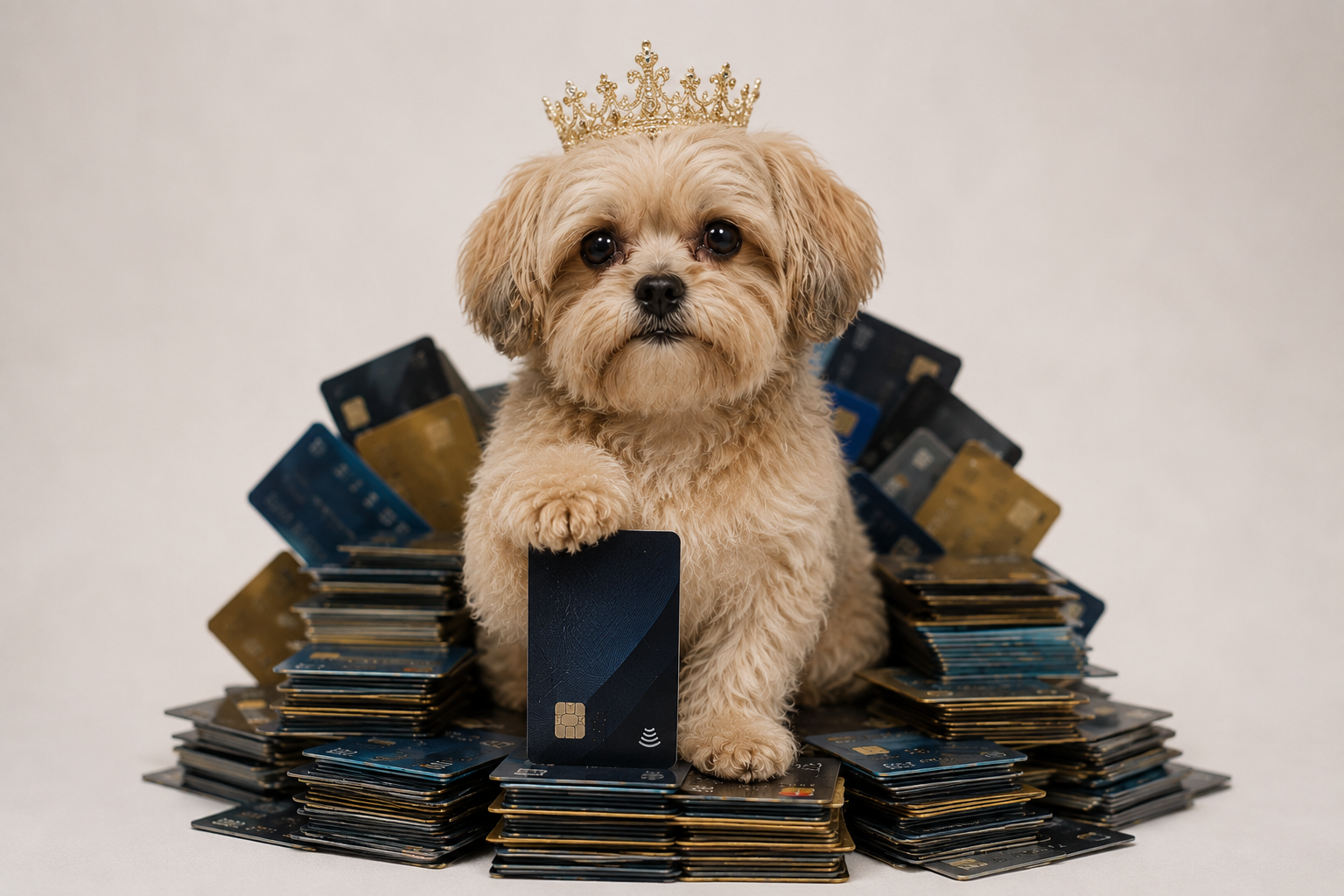 A crowned dog sitting among a pile of bank cards, holding one card with its paw