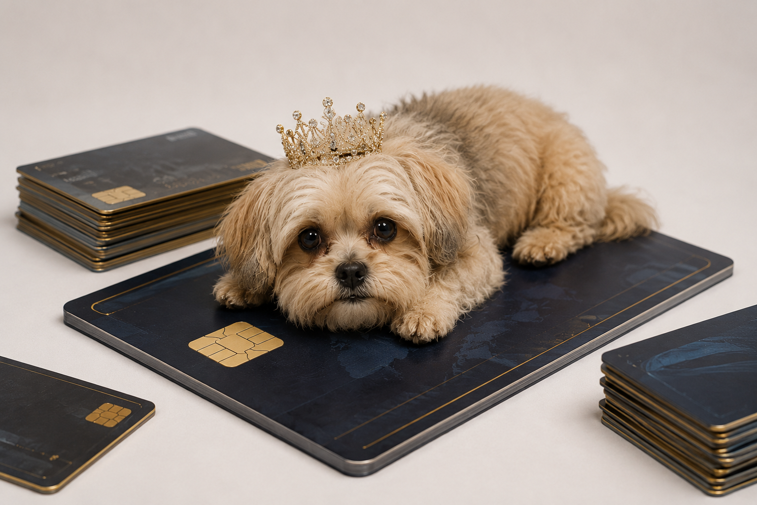 A crowned dog resting on a large dark bank card
