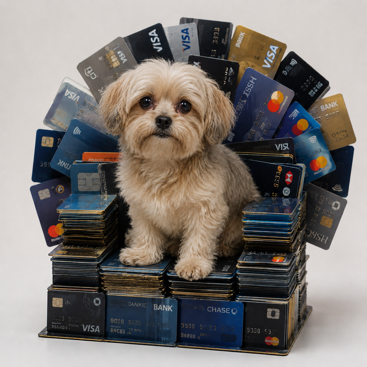 A crowned dog on a throne built from bank cards